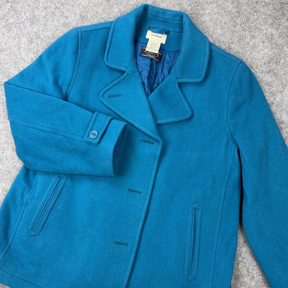 LL Bean Pea Coat Womens 18 PET Blue Lambswool Thinsulate Bellandi Italian Fabric